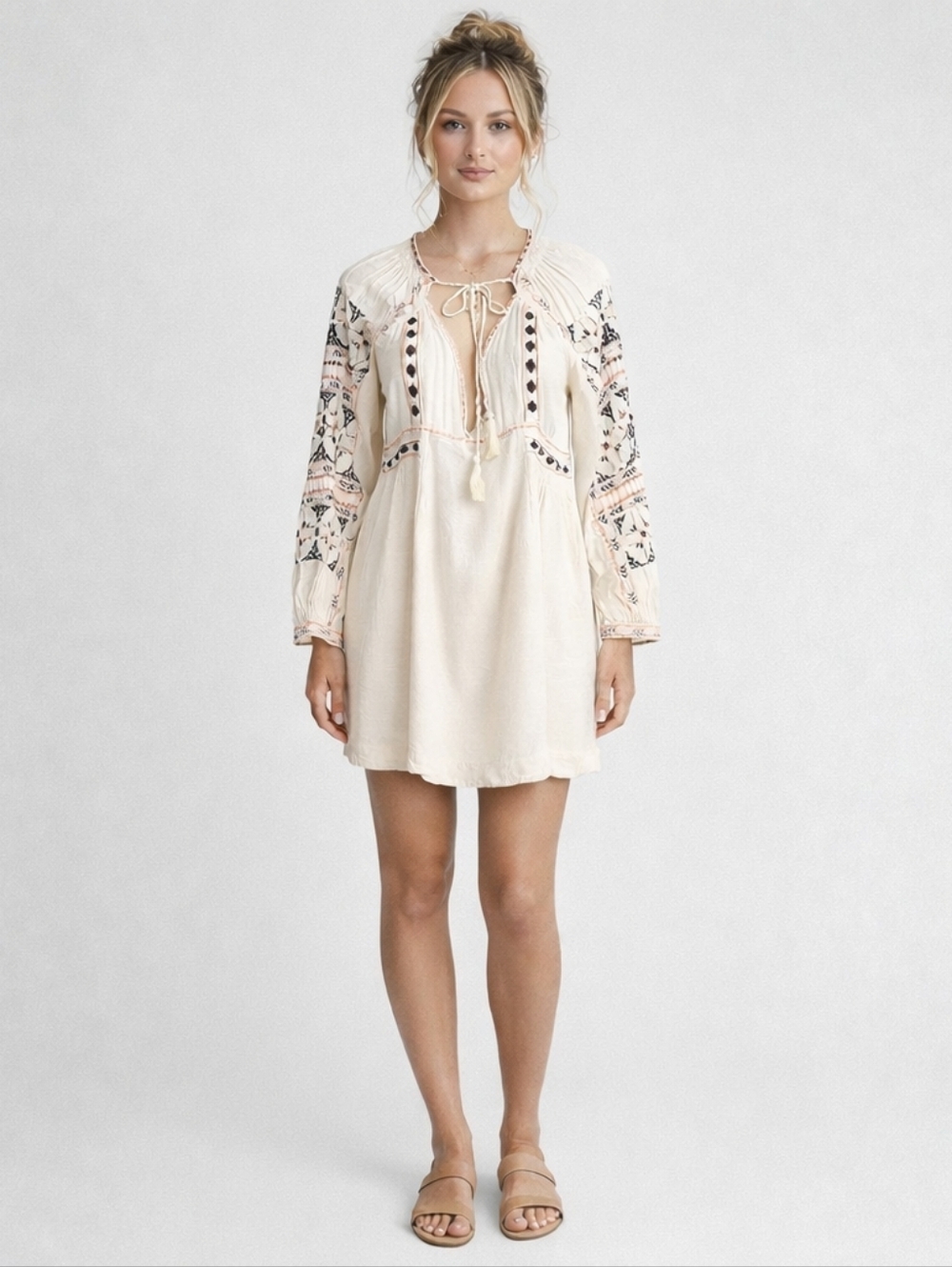 Free People Beige Mini Dress Tunic Embroidered Boho Hippie Tassels Size Small